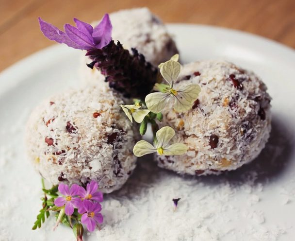 Homemade dessert with edible flowers